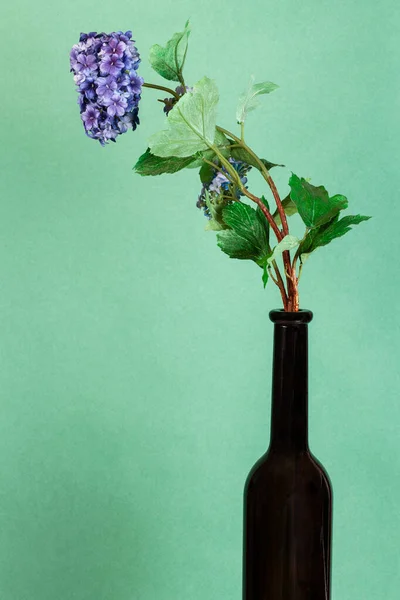 Искусственный Цветок Коричневой Бутылке Зеленом Пастельном Фоне Вертикального Цвета Копирайтом — стоковое фото