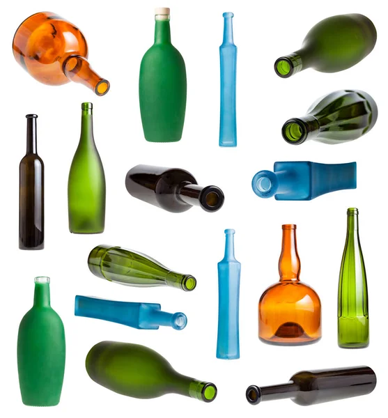 Uppsättning Olika Färg Glasflaskor Isolerad Vit Bakgrund — Stockfoto