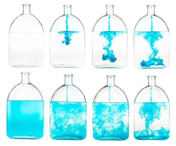 Uppsättning Blått Bläck Lösningar Vatten Glasflaska Isolerad Vit Bakgrund — Stockfoto