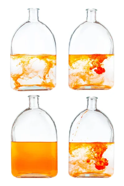 Set Soluzioni Inchiostro Arancione Acqua Pallone Vetro Isolato Fondo Bianco — Foto Stock