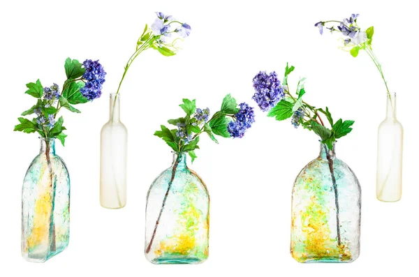 Uppsättning Konstgjorda Blommor Handmålade Glasflaskor Isolerad Vit Bakgrund — Stockfoto