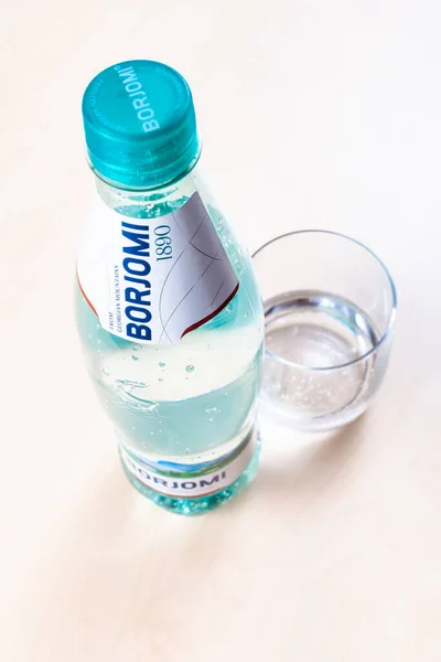 Moscow Russia May 2020 Plastic Bottle Borjomi Glass Sparkling Water — Stock Photo, Image