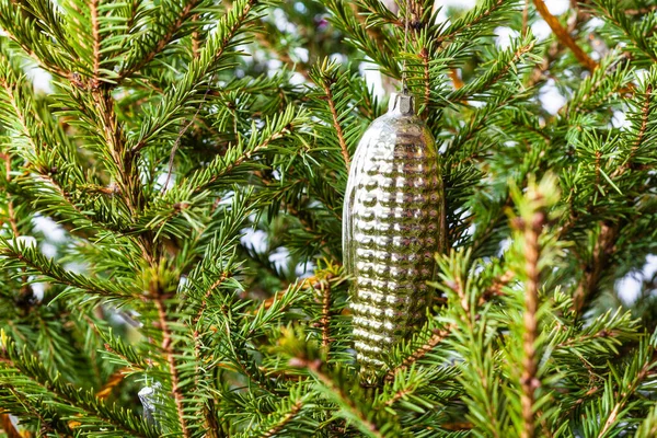 Glaskegel Auf Natürlichem Weihnachtsbaum Nahaufnahme Drinnen — Stockfoto