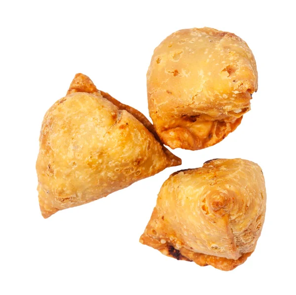 Indian Cuisine Top View Three Keema Samosas Fried Savoury Pastry — Stock Photo, Image