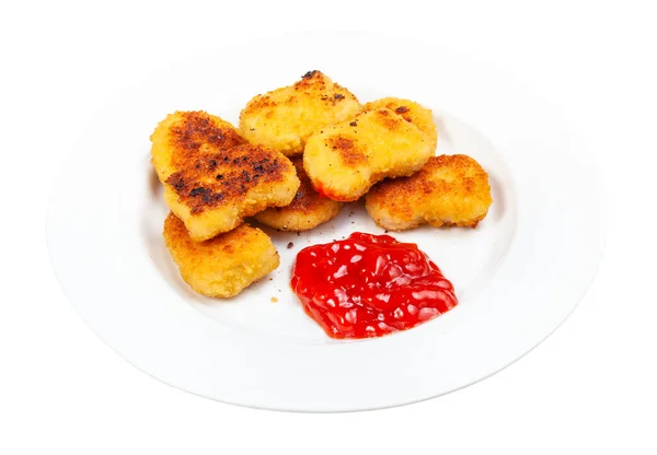 Många Stekt Kyckling Nuggets Med Tomat Ketchup Vit Platta Isolerad — Stockfoto