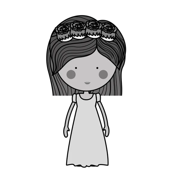 Novia monocromática con vestido y corona de rosas — Vector de stock