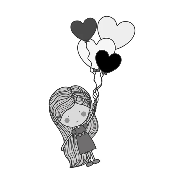 Silueta chica arrastrado por el corazón en forma de globos — Vector de stock