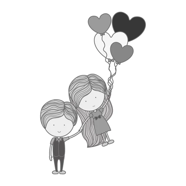 单色剪影男子抱着女孩浮动与心形气球 — 图库矢量图片