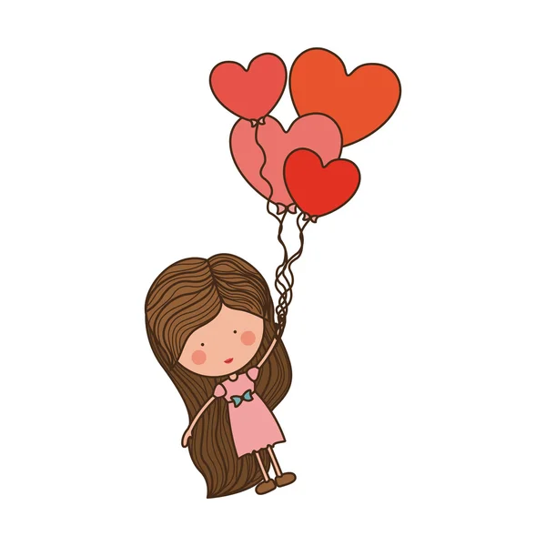 Chica arrastrada por globos en forma de corazón — Vector de stock