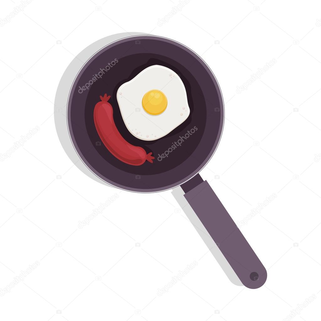 food frying pan with eggs and sausace
