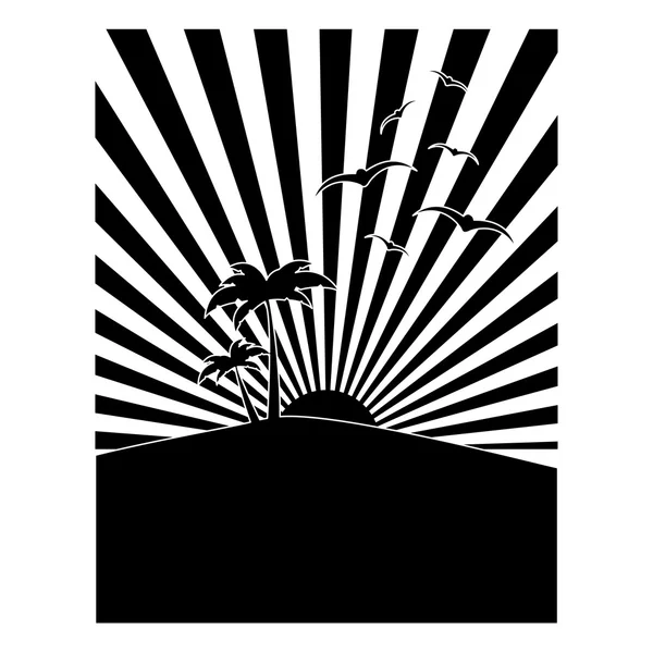 Imagem de ícone de pôr do sol tropical preto e branco — Vetor de Stock