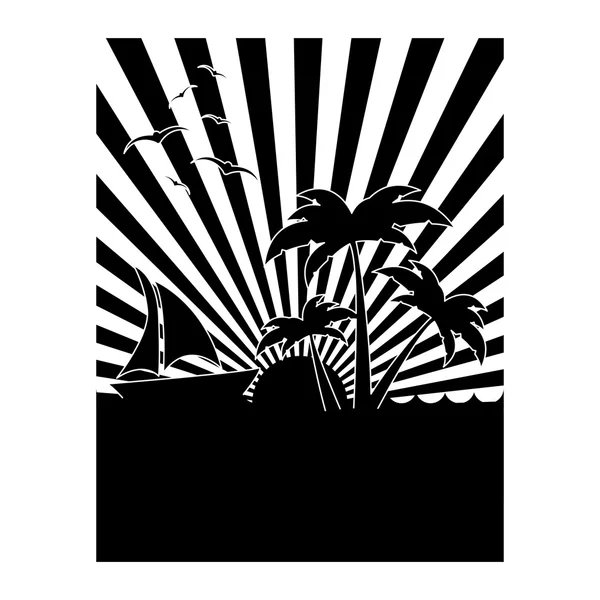 Zwart-wit tropische zonsondergang pictogramafbeelding — Stockvector