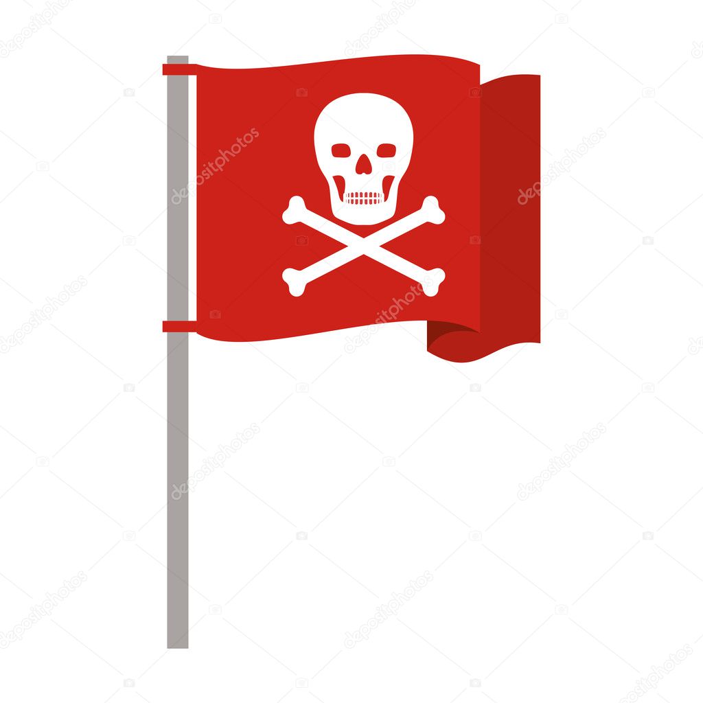 silhouette red flag pole with skull and bones