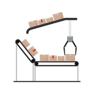 conveyor belt with sealed packages and crane mechanics clipart
