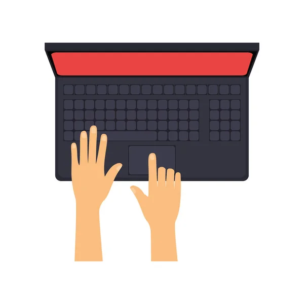 Mãos digitando no laptop com tela vermelha —  Vetores de Stock