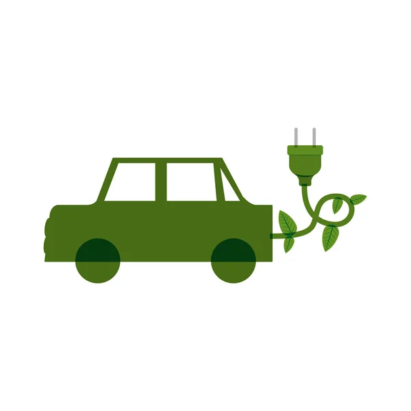Coche eléctrico verde con hojas y enchufe — Vector de stock