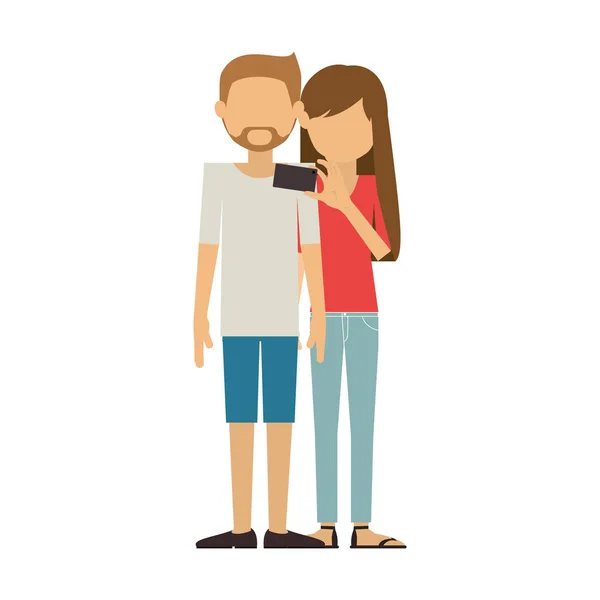 Couple with shorts man and woman take selfie — Stock Vector