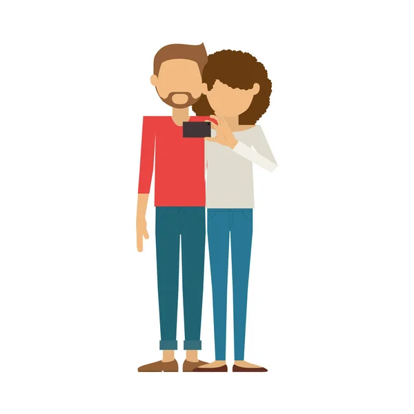 Couple and curly woman take selfie — Stock Vector