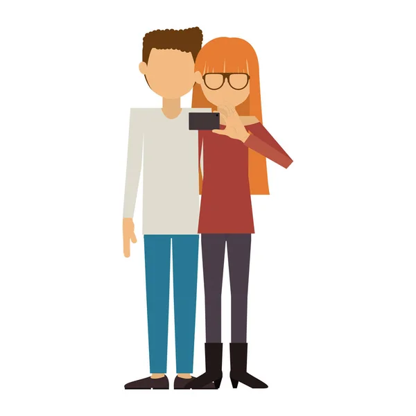Couple where redhead long hair woman take selfie — Stock Vector