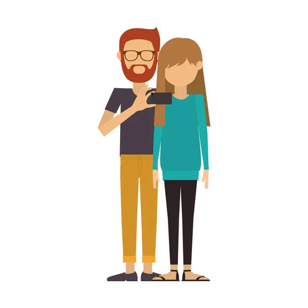 Couple where man of beard and glasses take selfie — Stock Vector