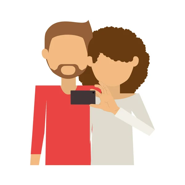 Meio corpo de casal e mulher encaracolado tomar selfie —  Vetores de Stock