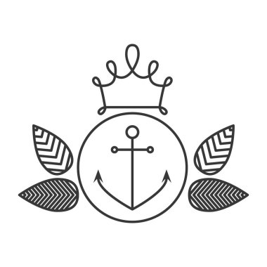 siluet closeup daire çapa ile kalkan ve yapraklar