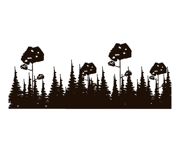 Монохромний панорамний ліс з соснами і листяними деревами — стоковий вектор