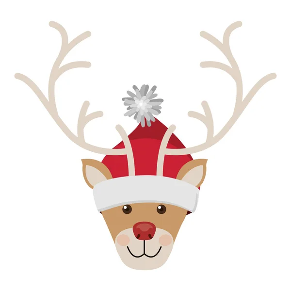 Reindeer head with christmas woolen hat red and white — Stock Vector