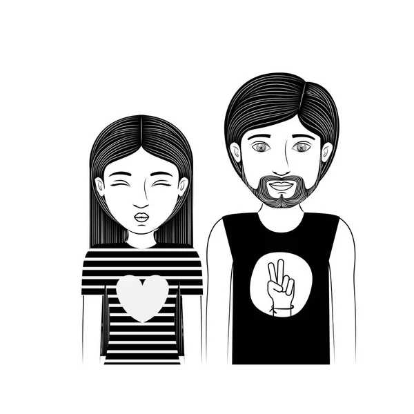 Silhouette couple adolescent avec hippie style — Image vectorielle