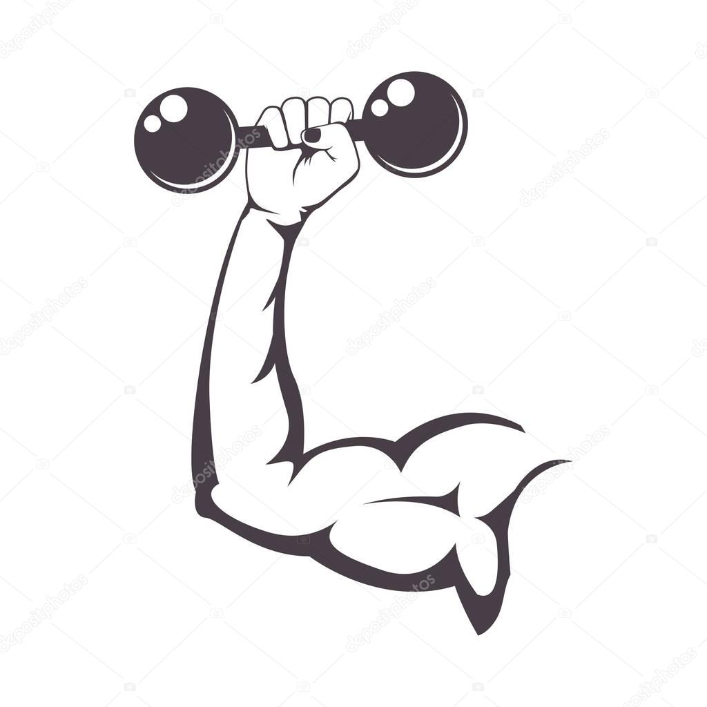 Silhouette muscular arm holding a dumbbell — Stock Vector