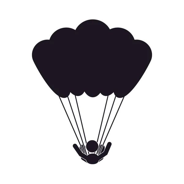 Silhouette monocromatica con uomo in paracadute vista frontale — Vettoriale Stock