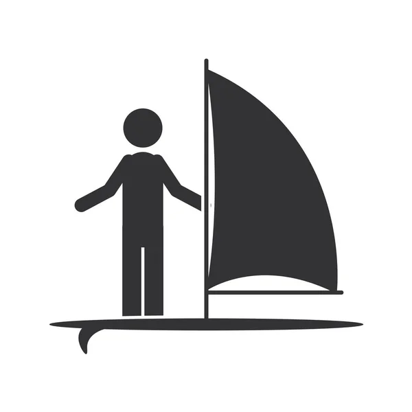 Монохромний силует людини з вітрильним дошкою для серфінгу — стоковий вектор