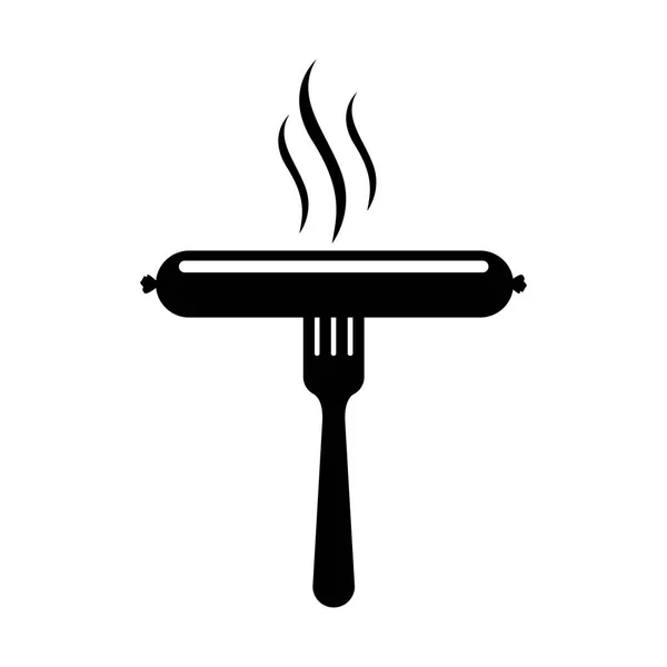 Tenedor de silueta negro con salchicha y aroma — Vector de stock