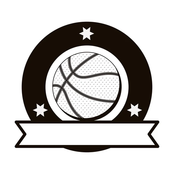 Emblème monochrome avec ballon de basket et ruban — Image vectorielle