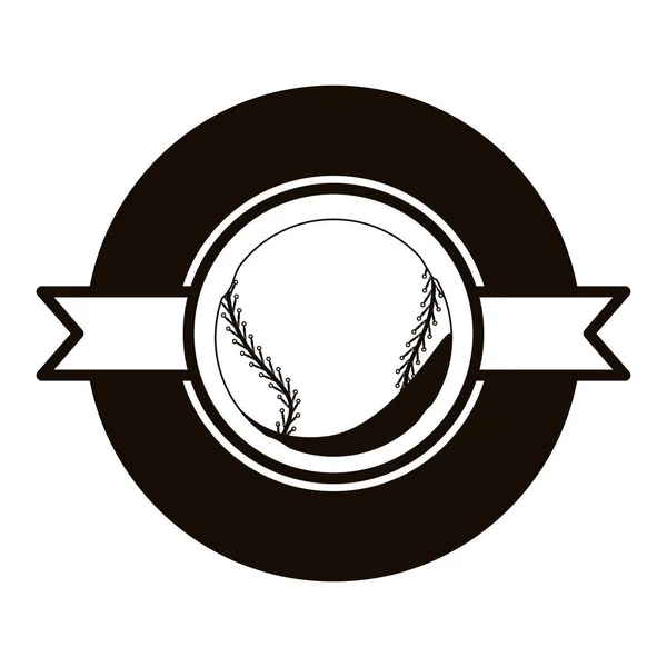 Emblema de escala gris con bola de béisbol y cinta en el medio — Vector de stock