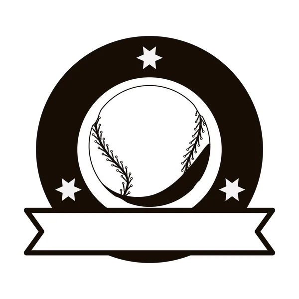 Emblema monocromo con bola de béisbol y cinta — Vector de stock