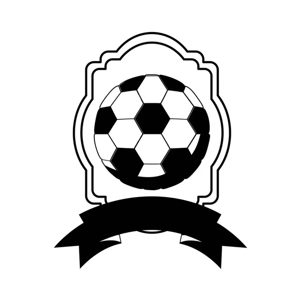 白黒サッカー ボールとリボン紋章 — ストックベクタ
