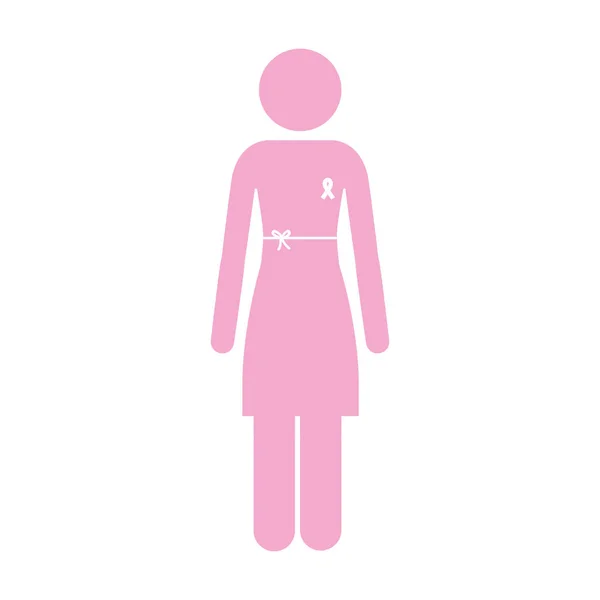 Silhouette pink woman with ribbon of breast cancer — Stock Vector