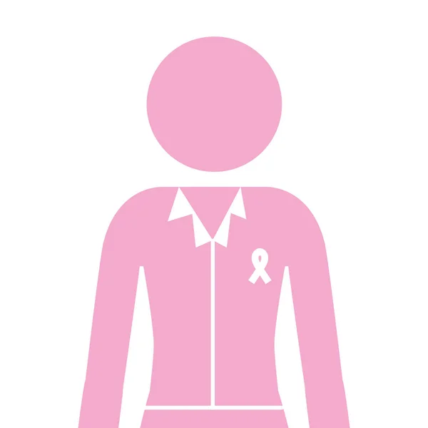 Silhouette pink half body woman with ribbon of breast cancer — Stock Vector