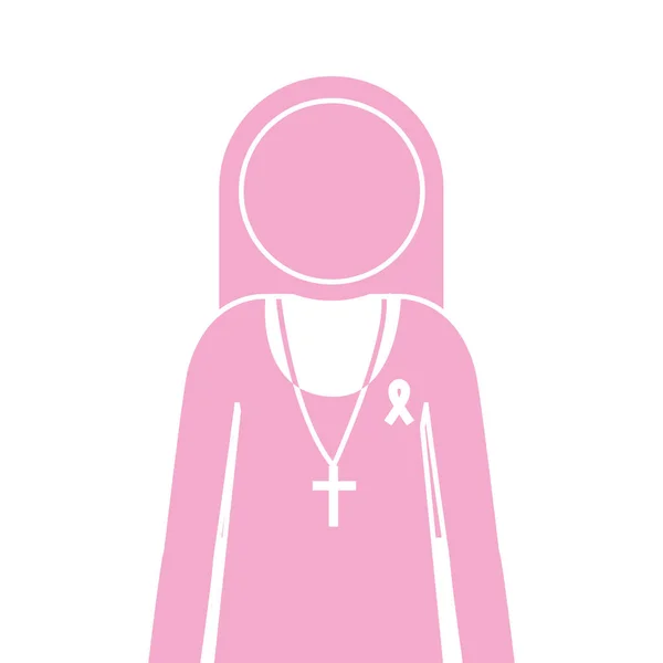 Silhouette pink half body nun with ribbon of breast cancer — Stock Vector
