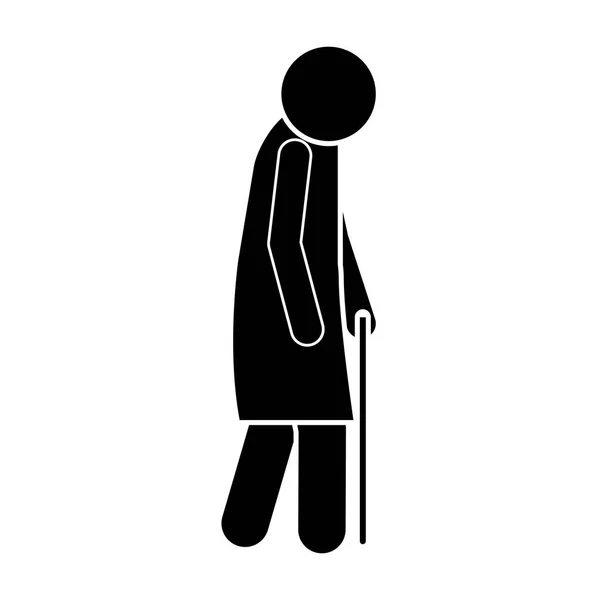 Icon silhouette elderly woman with walking stick — Stock Vector