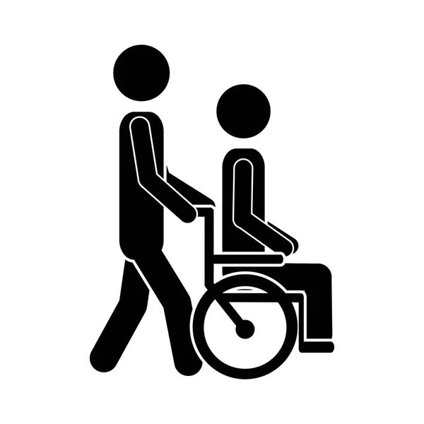 Homme transportant une personne handicapée assis dans l'icône du fauteuil roulant — Image vectorielle