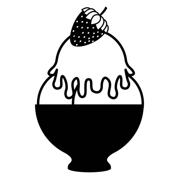 Silhouette monochrome avec tasse de crème glacée et fraise — Image vectorielle
