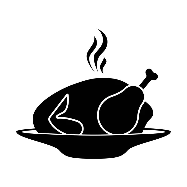 Silueta plato monocromo con asado de pollo caliente — Vector de stock