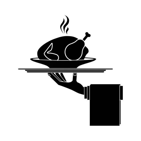 Plat monochrome silhouette avec rôti de poulet chaud dans un plateau — Image vectorielle