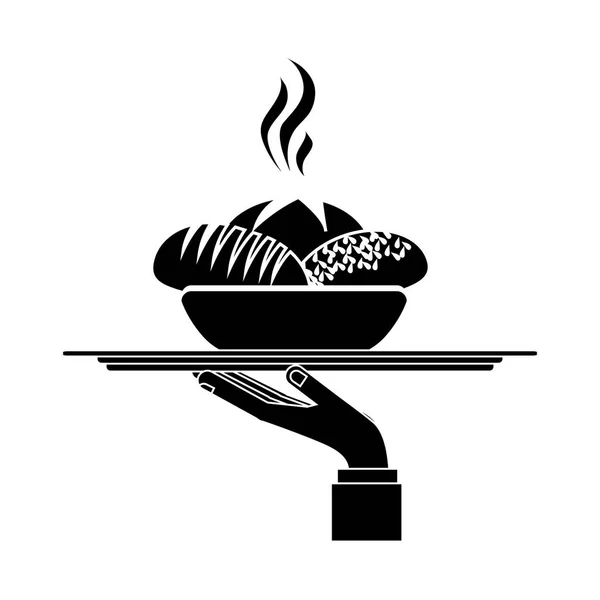 Silueta plato monocromo con pan caliente en bandeja — Vector de stock