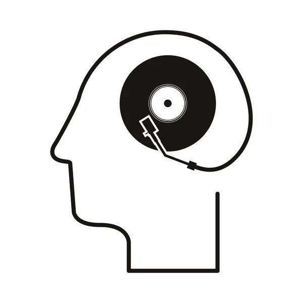 Black silhouette head with record player — Stock Vector