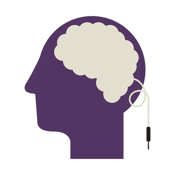 Purple silhouette head and human brain with jack connector — Stock Vector