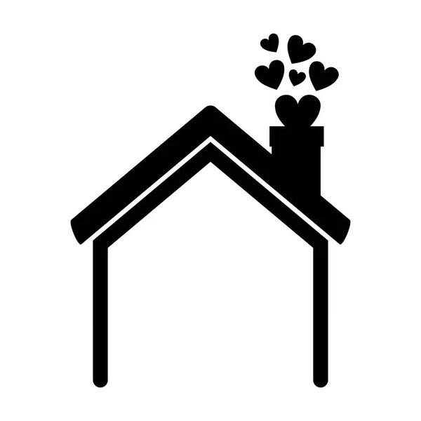 Svart siluett hus med skorsten och hjärtan — Stock vektor