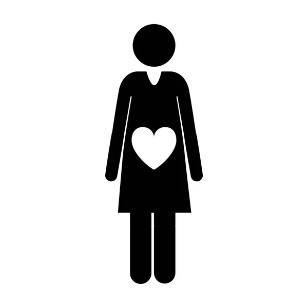Piktogram elölnézet terhes nő hasa szívvel — Stock Vector